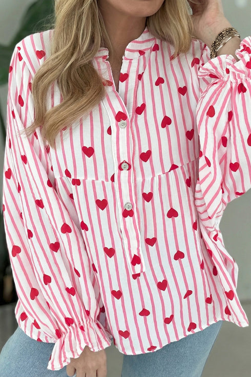 Stripe Textured Heart Print Long Flounce Sleeve Shirt