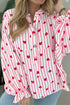Stripe Textured Heart Print Long Flounce Sleeve Shirt