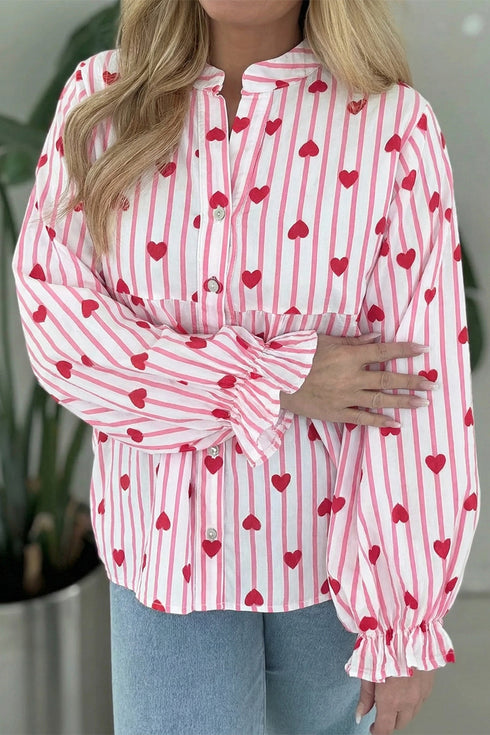 Stripe Textured Heart Print Long Flounce Sleeve Shirt