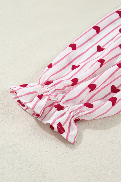 Stripe Textured Heart Print Long Flounce Sleeve Shirt