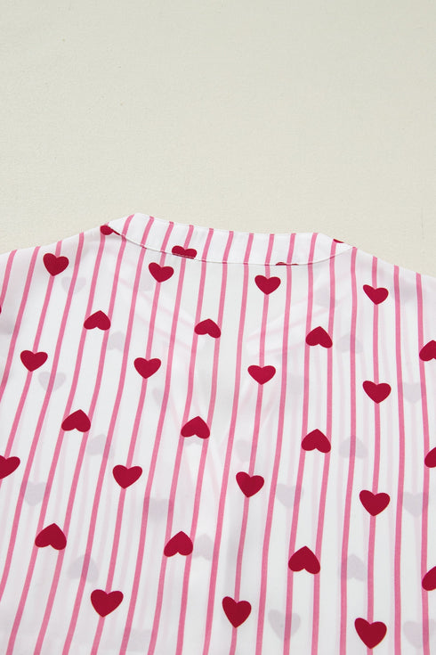 Stripe Textured Heart Print Long Flounce Sleeve Shirt