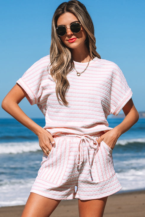 Stripe Textured Knit Short Sleeve Drawstring Short Set