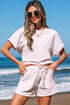Stripe Textured Knit Short Sleeve Drawstring Short Set