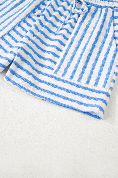 Stripe Textured Knit Short Sleeve Drawstring Short Set