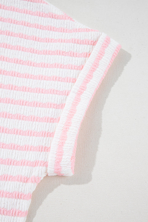 Stripe Textured Knit Short Sleeve Drawstring Short Set