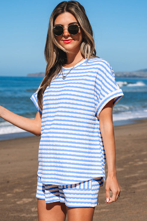 Stripe Textured Knit Short Sleeve Drawstring Short Set