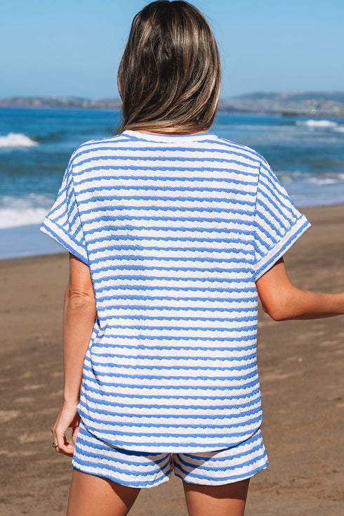 Stripe Textured Knit Short Sleeve Drawstring Short Set