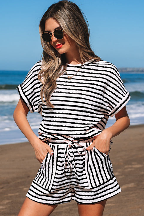 Stripe Textured Knit Short Sleeve Drawstring Short Set