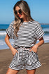 Stripe Textured Knit Short Sleeve Drawstring Short Set