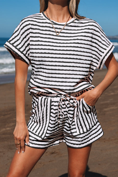 Stripe Textured Knit Short Sleeve Drawstring Short Set