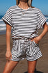 Stripe Textured Knit Short Sleeve Drawstring Short Set