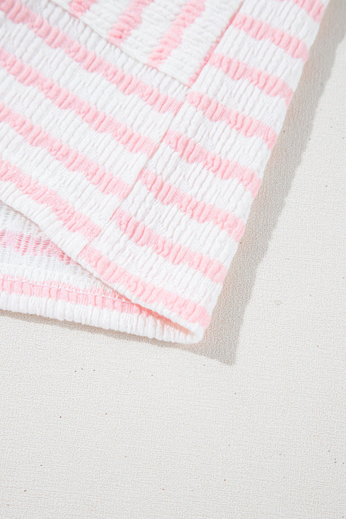 Stripe Textured Knit Short Sleeve Drawstring Short Set