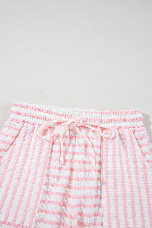 Stripe Textured Knit Short Sleeve Drawstring Short Set