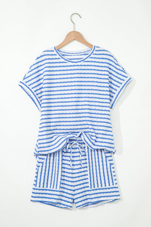 Stripe Textured Knit Short Sleeve Drawstring Short Set