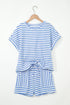 Stripe Textured Knit Short Sleeve Drawstring Short Set