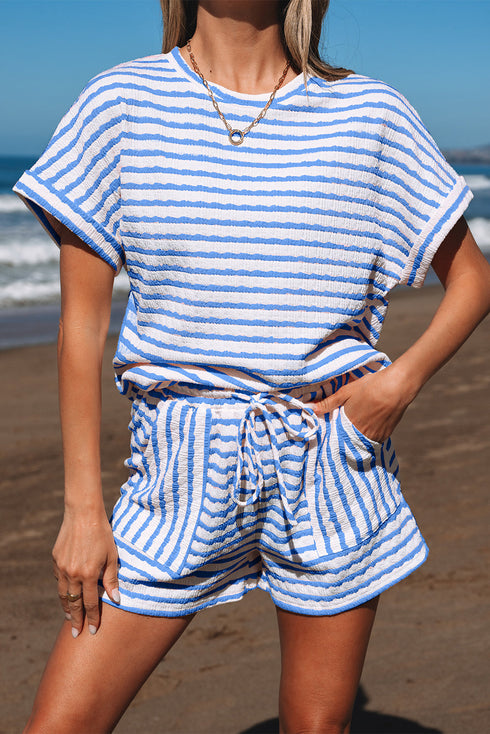 Stripe Textured Knit Short Sleeve Drawstring Short Set
