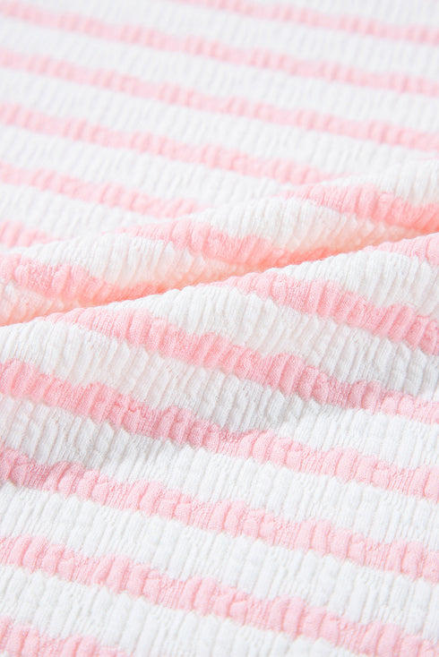 Stripe Textured Knit Short Sleeve Drawstring Short Set