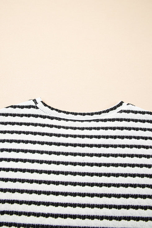 Stripe Textured Knit Short Sleeve Drawstring Short Set