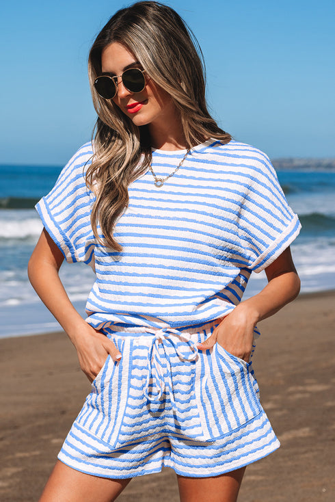 Stripe Textured Knit Short Sleeve Drawstring Short Set