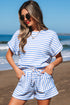 Stripe Textured Knit Short Sleeve Drawstring Short Set