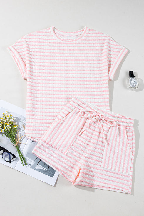 Stripe Textured Knit Short Sleeve Drawstring Short Set