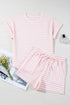 Stripe Textured Knit Short Sleeve Drawstring Short Set