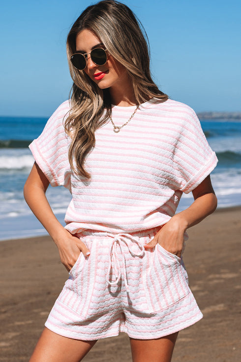 Stripe Textured Knit Short Sleeve Drawstring Short Set