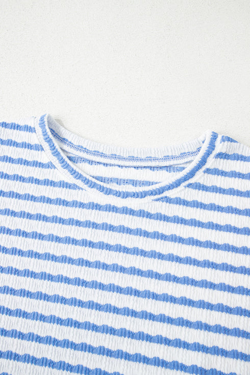 Stripe Textured Knit Short Sleeve Drawstring Short Set
