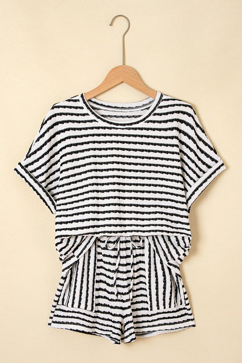 Stripe Textured Knit Short Sleeve Drawstring Short Set