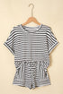 Stripe Textured Knit Short Sleeve Drawstring Short Set