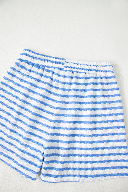 Stripe Textured Knit Short Sleeve Drawstring Short Set