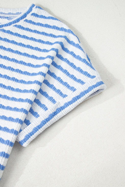 Stripe Textured Knit Short Sleeve Drawstring Short Set