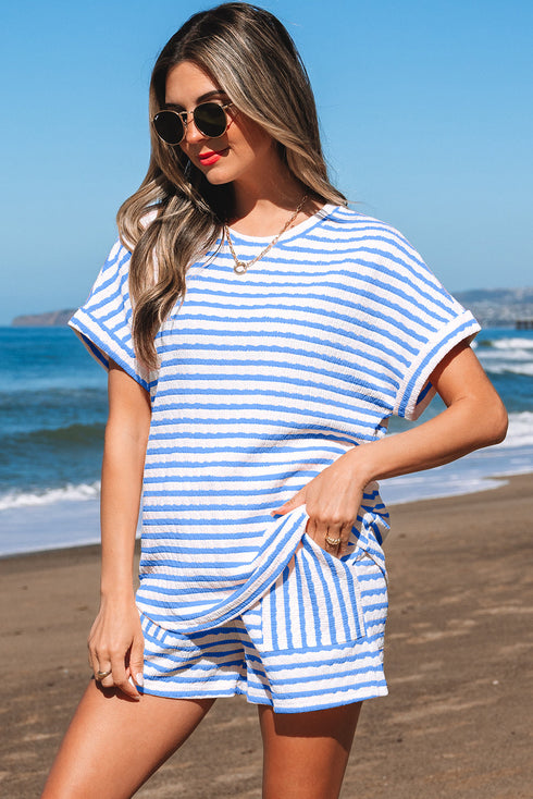 Stripe Textured Knit Short Sleeve Drawstring Short Set