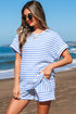 Stripe Textured Knit Short Sleeve Drawstring Short Set