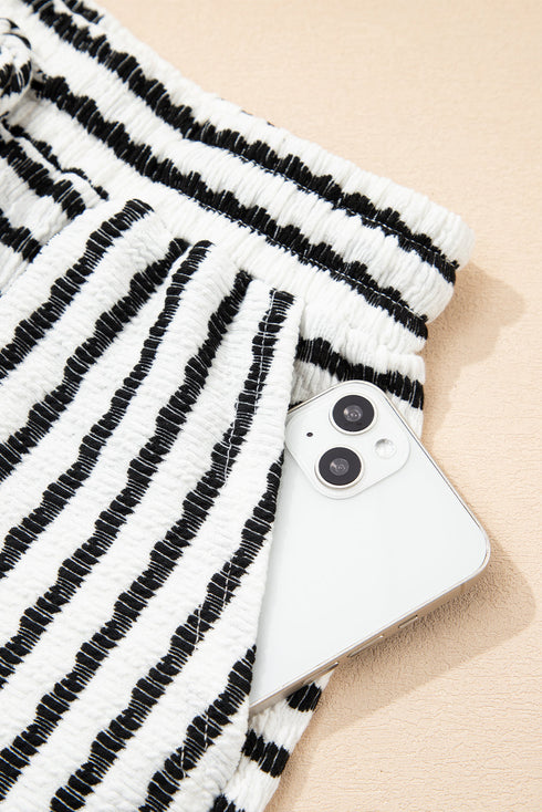Stripe Textured Knit Short Sleeve Drawstring Short Set