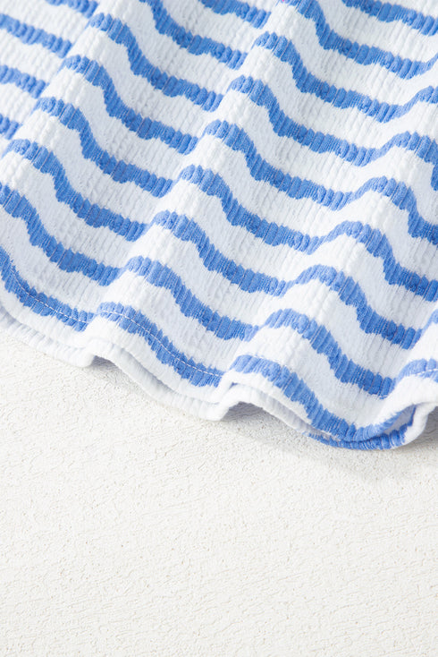 Stripe Textured Knit Short Sleeve Drawstring Short Set
