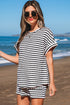 Stripe Textured Knit Short Sleeve Drawstring Short Set