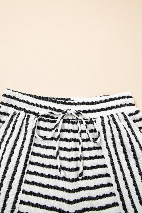 Stripe Textured Knit Short Sleeve Drawstring Short Set