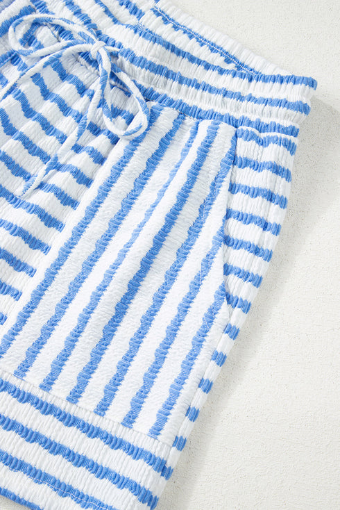 Stripe Textured Knit Short Sleeve Drawstring Short Set