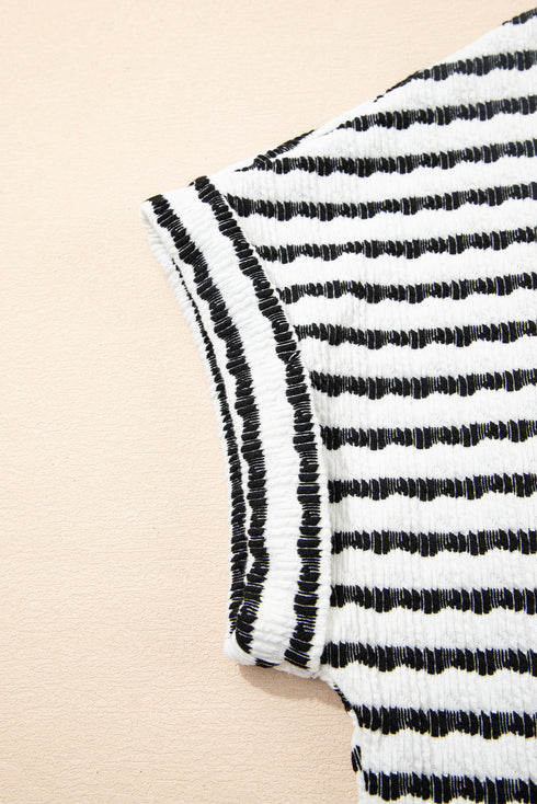 Stripe Textured Knit Short Sleeve Drawstring Short Set