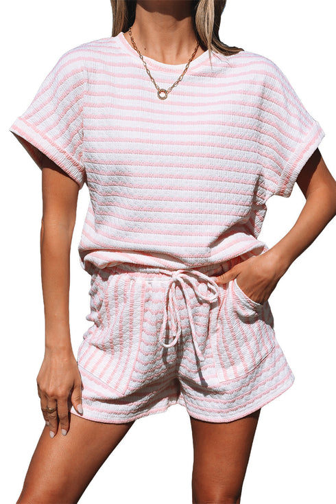 Stripe Textured Knit Short Sleeve Drawstring Short Set