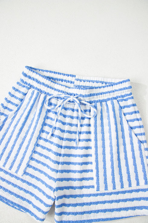 Stripe Textured Knit Short Sleeve Drawstring Short Set