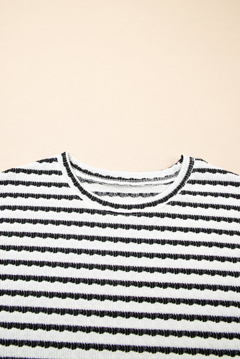 Stripe Textured Knit Short Sleeve Drawstring Short Set