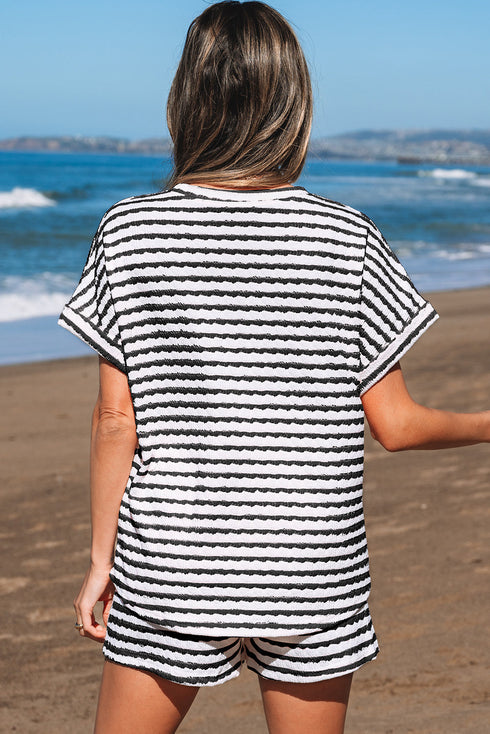 Stripe Textured Knit Short Sleeve Drawstring Short Set