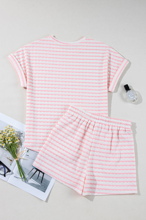 Stripe Textured Knit Short Sleeve Drawstring Short Set