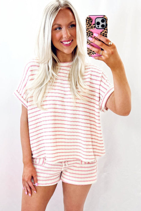 Stripe Textured Knit Short Sleeve Drawstring Short Set