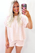 Stripe Textured Knit Short Sleeve Drawstring Short Set