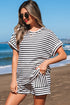 Stripe Textured Knit Short Sleeve Drawstring Short Set