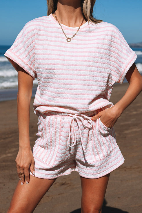 Stripe Textured Knit Short Sleeve Drawstring Short Set