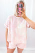 Stripe Textured Knit Short Sleeve Drawstring Short Set